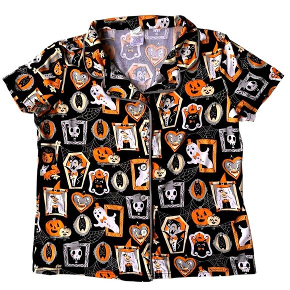 Munki Munki Halloween Pajama Top Large Short Sleeves Button Werewolf Witch Ghost - Picture 1 of 12